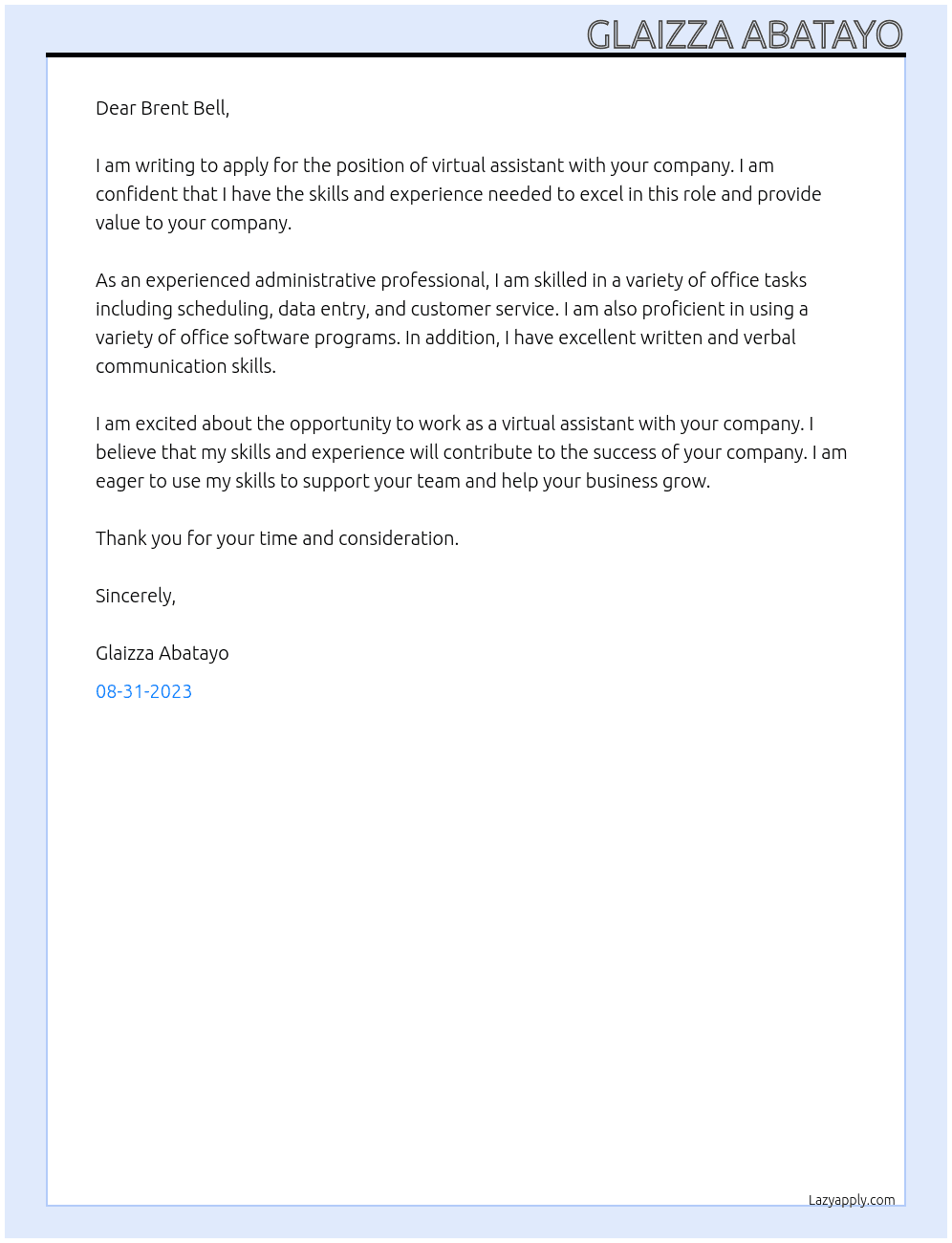 virtual assistant At HR Assistant Cover Letter