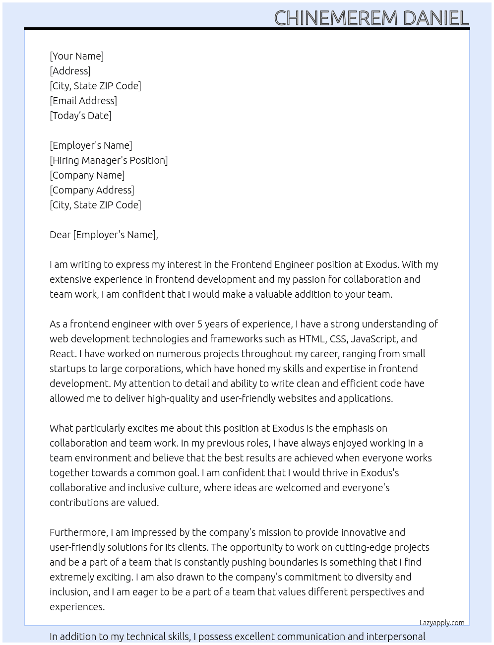Frontend Engineer At Exodus Cover Letter