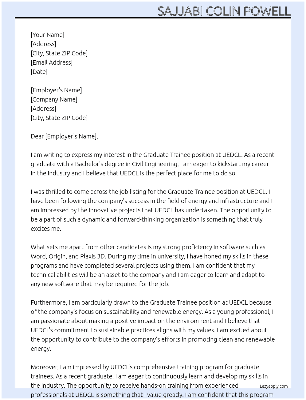 GRADUATE TRAINEE At UEDCL Cover Letter