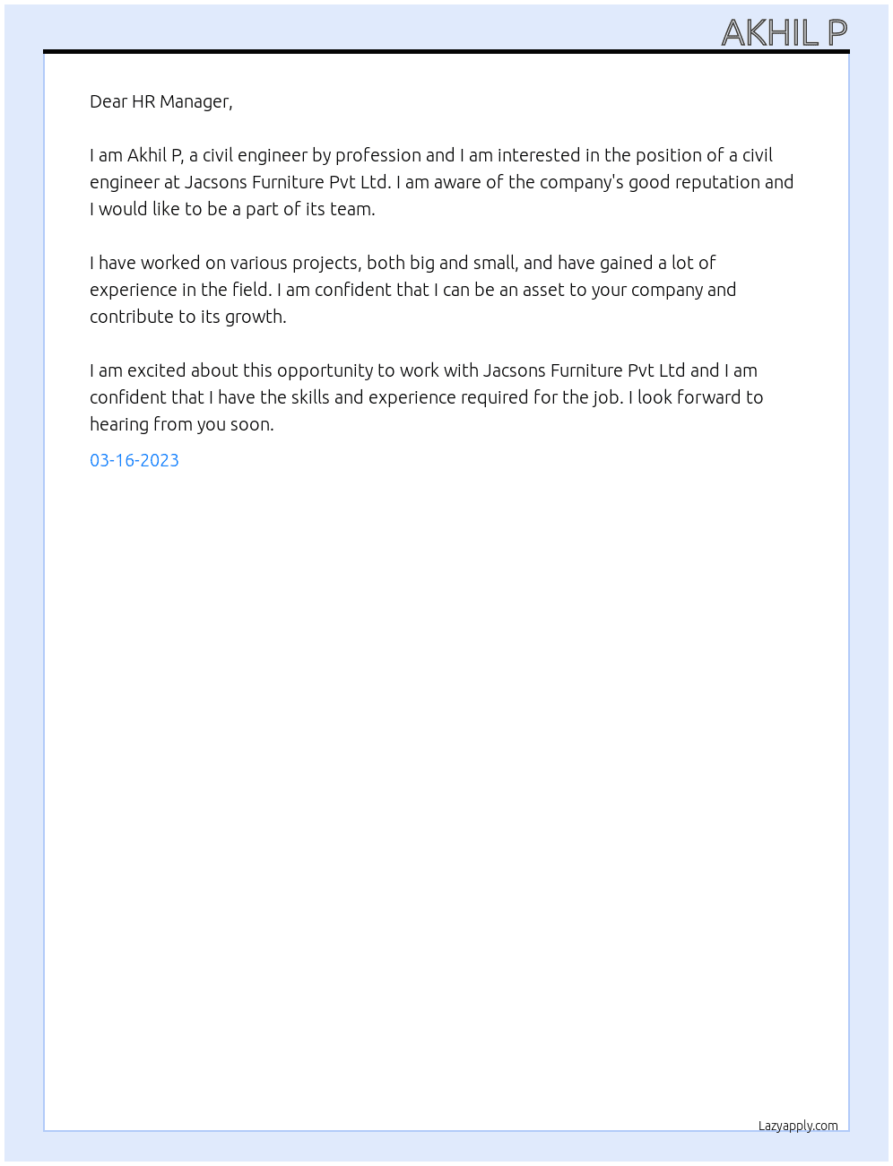 Civil engineer  At Jacsons Furniture Pvt Ltd. Cover Letter