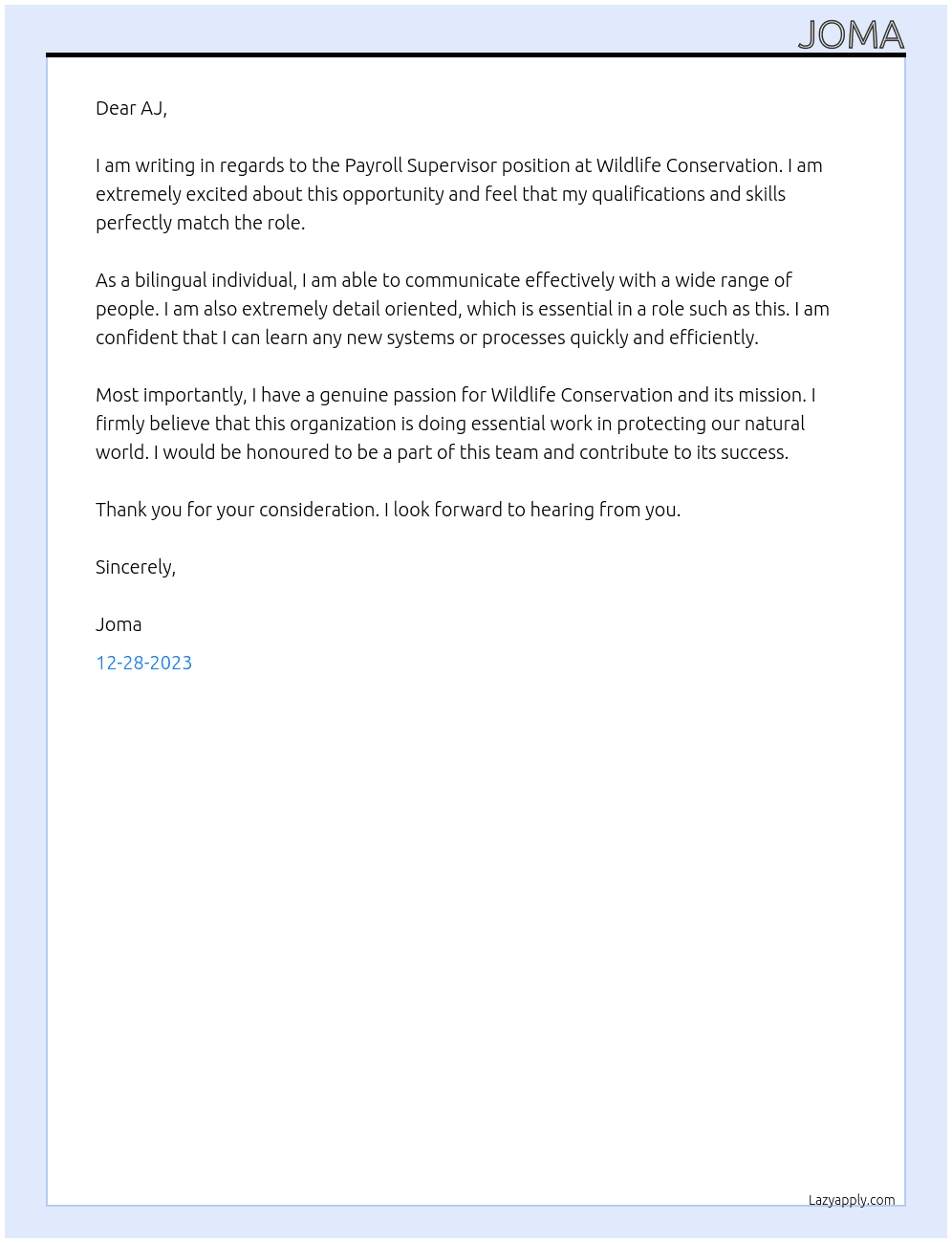 Payroll Supervisor At Wildlife Conservation  Cover Letter