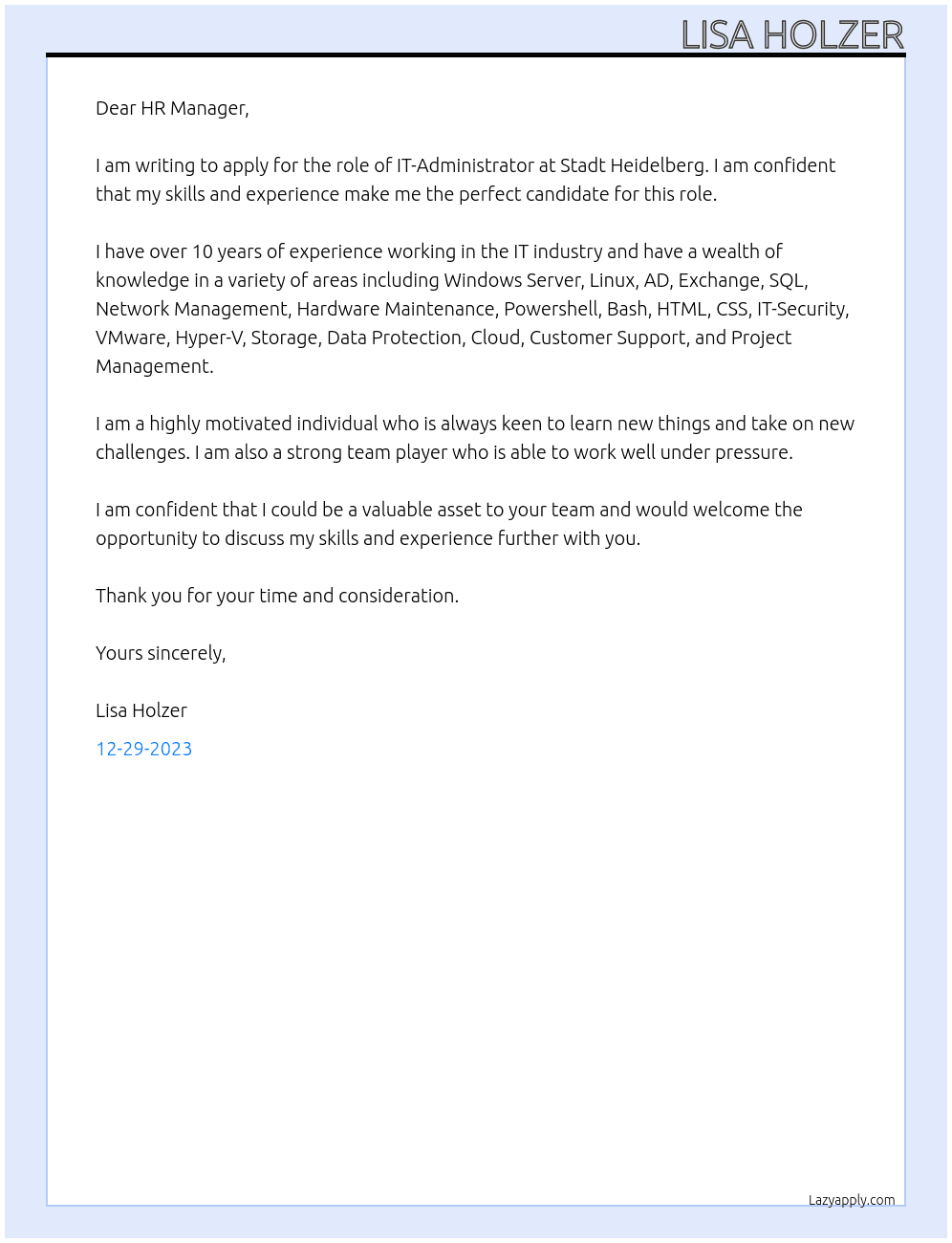 IT-Administrator At Stadt Heidelberg Cover Letter