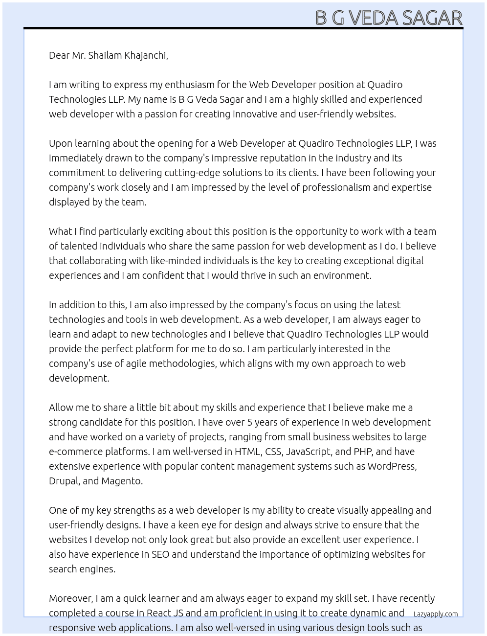 Web Developer At Quadiro Technologies LLP Cover Letter