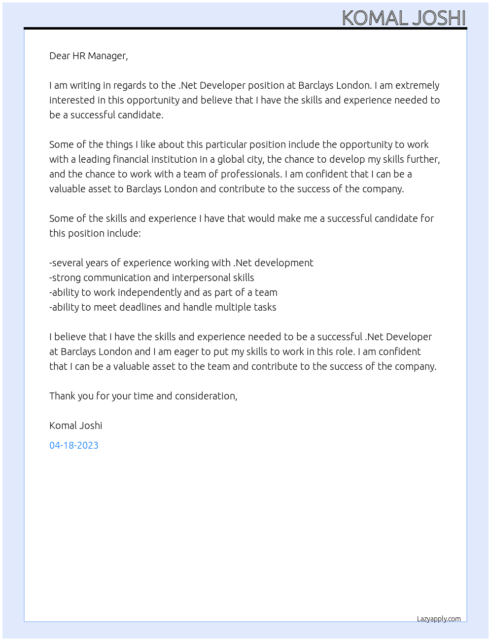 .Net Developer At Barclays London Cover Letter