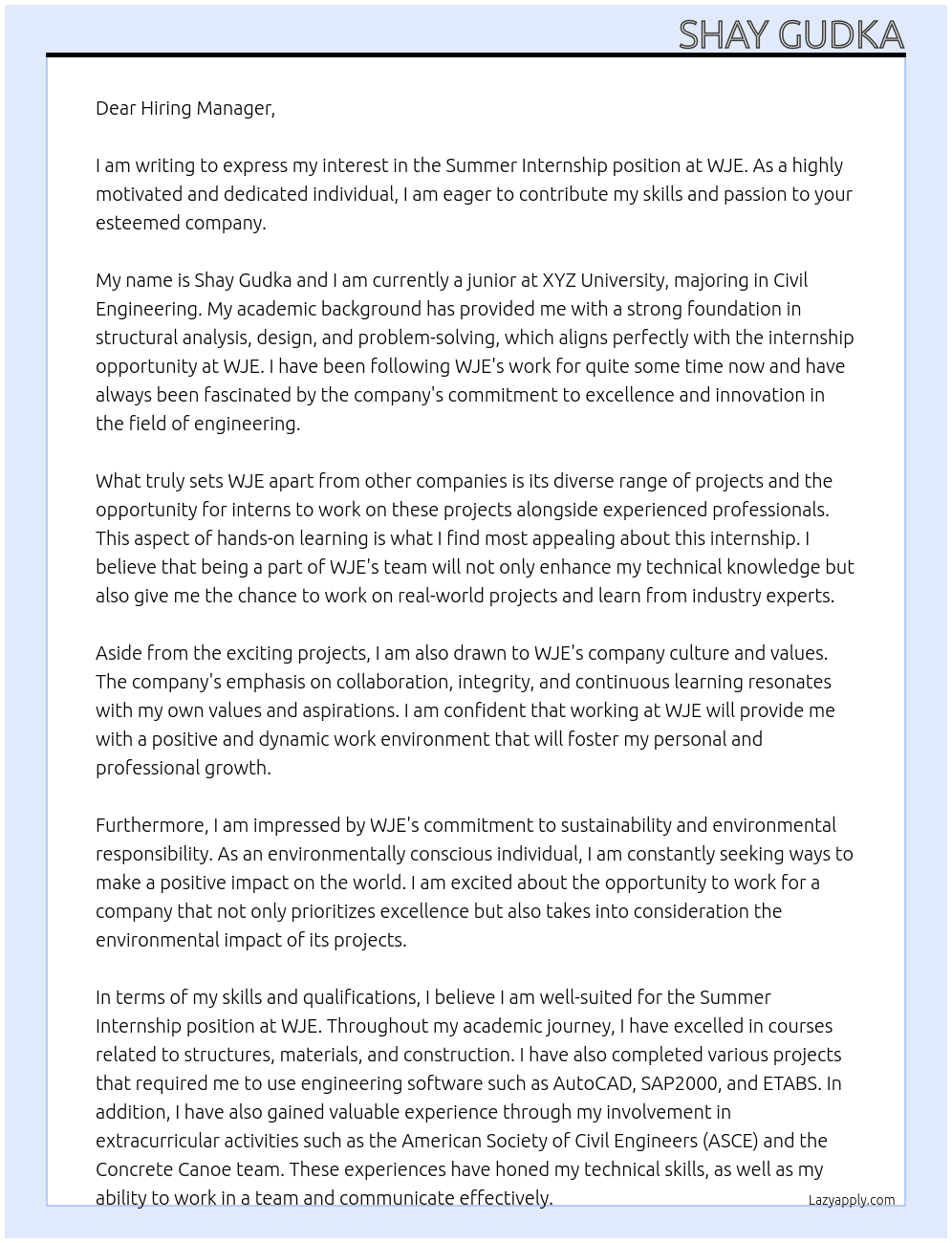 Summer Internship At WJE Cover Letter