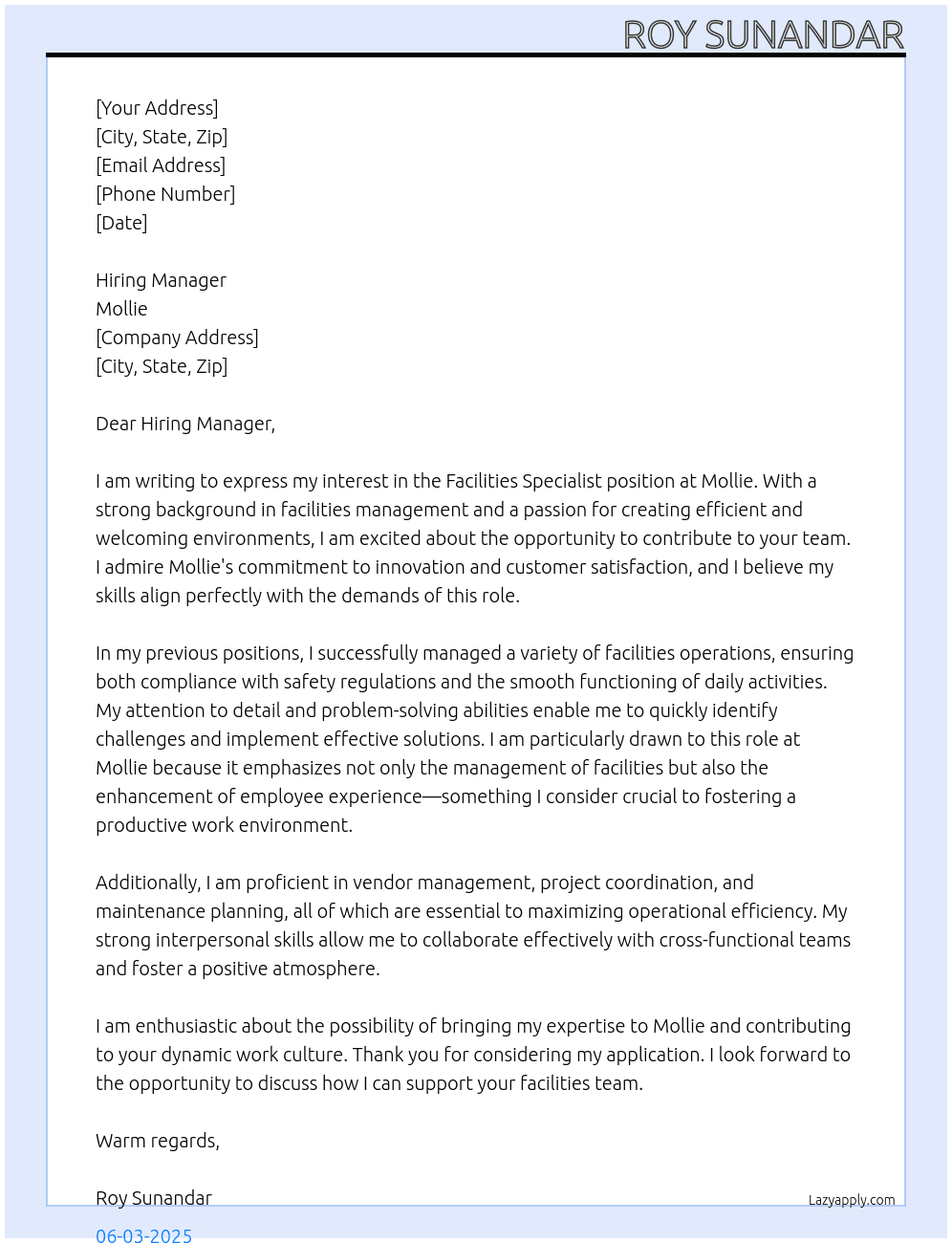 Facilities Specialist At mollie Cover Letter