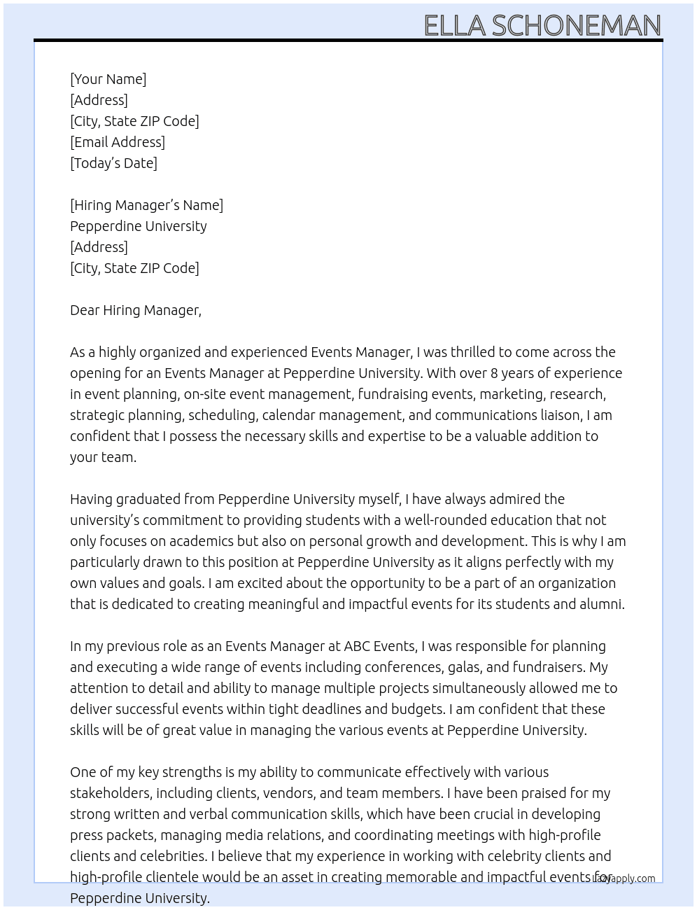 Events Manager At Pepperdine University Cover Letter