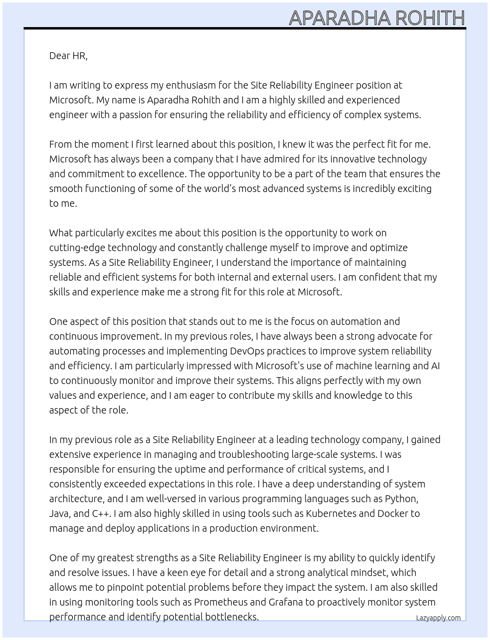 SITE RELIABILITY ENGINEER At MICROSOFT Cover Letter