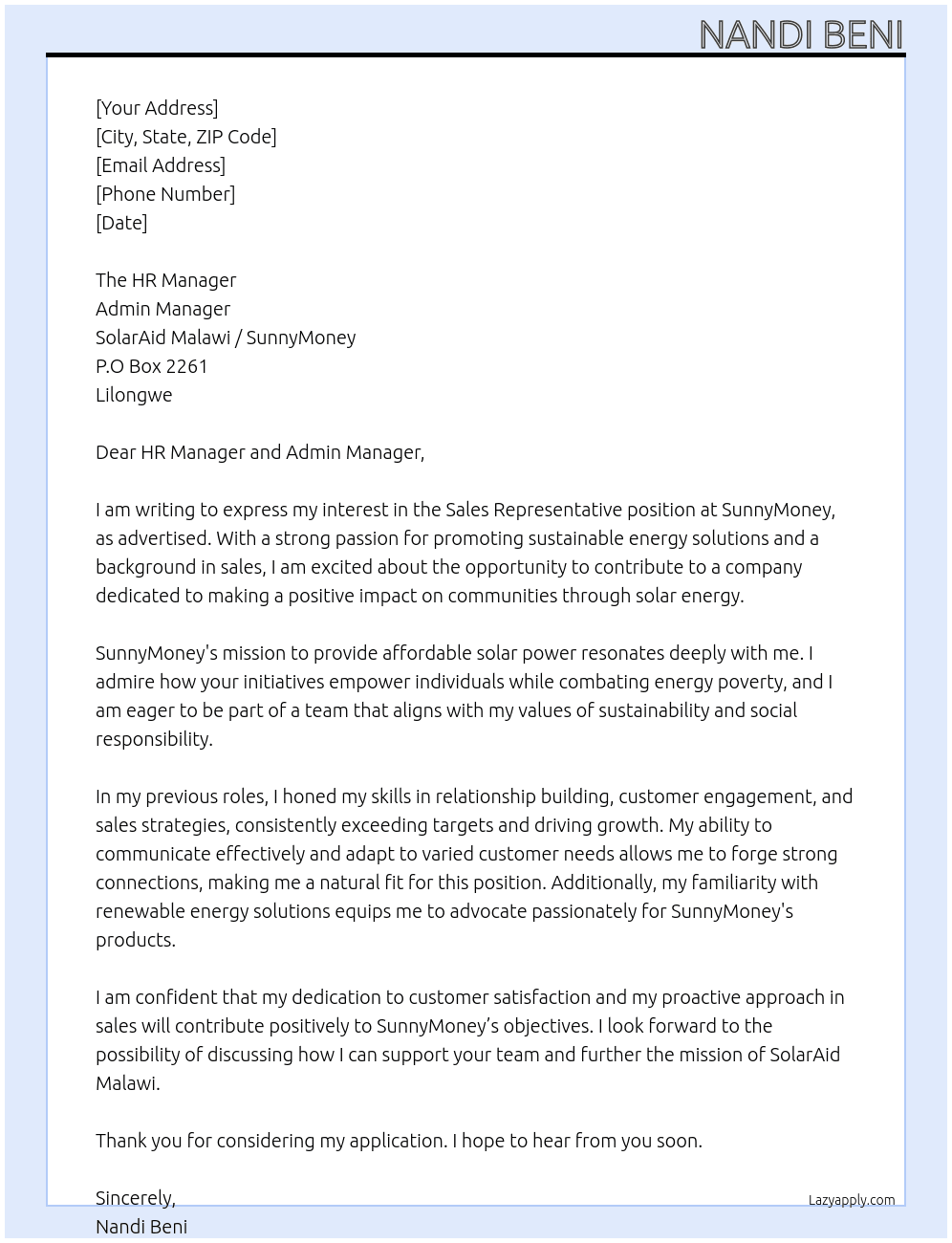 Sales Representative  At Sunny Money Cover Letter