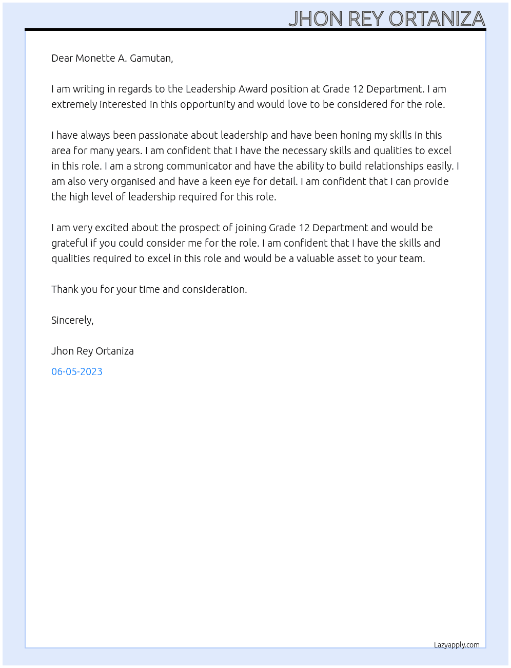 Leadership Award  At Grade 12 Department  Cover Letter