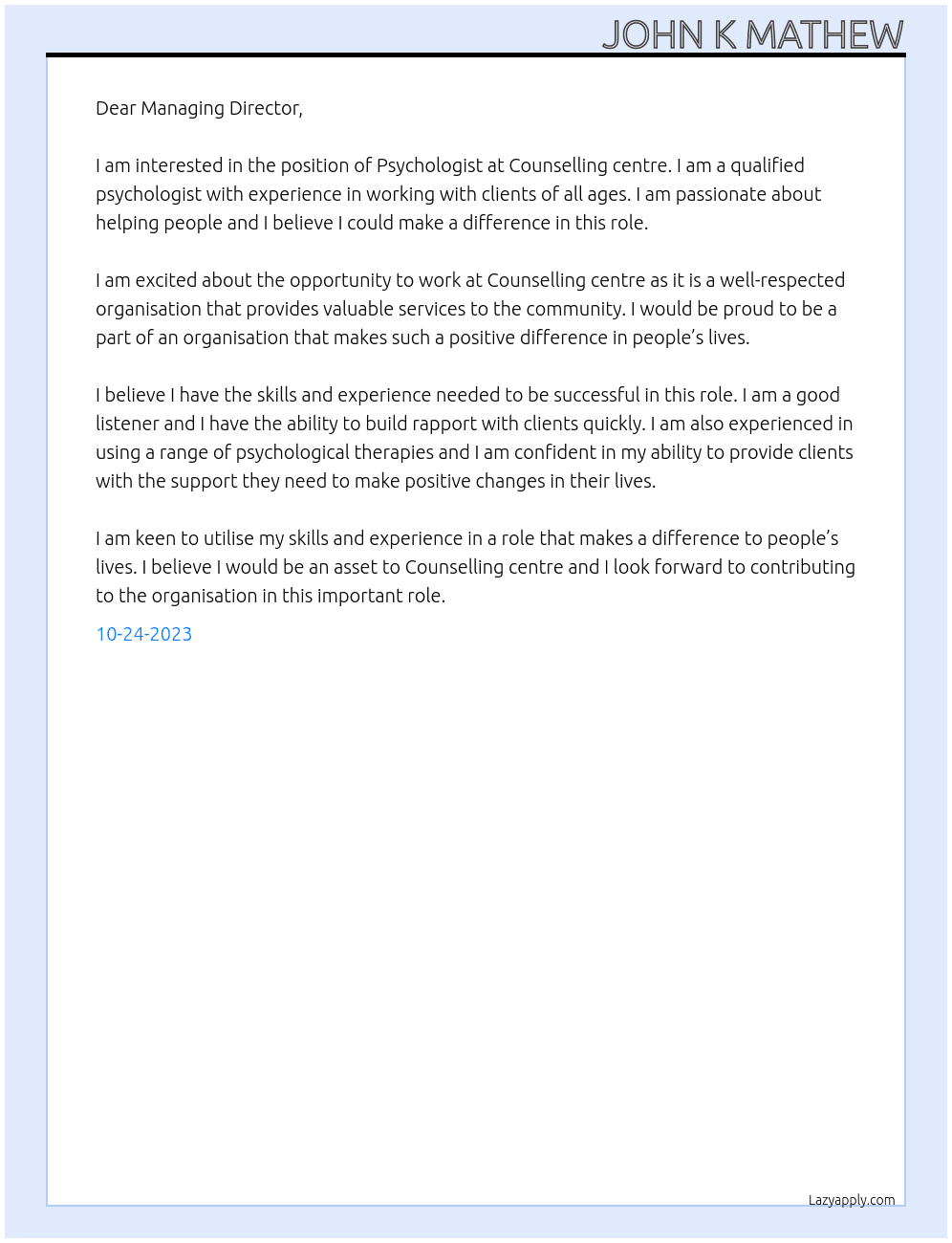 Psychologist At Counselling centre Cover Letter