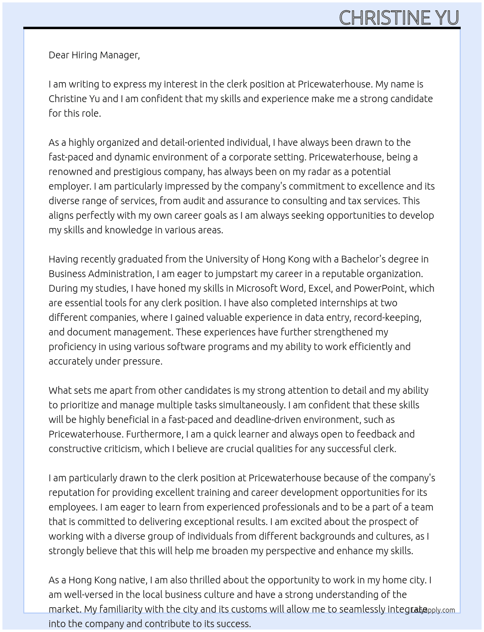 clerk At pricewaterhouse Cover Letter