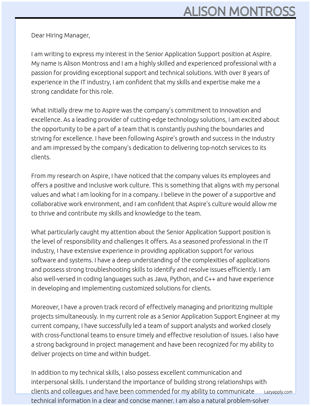 Sr Application Support At Aspire Cover Letter