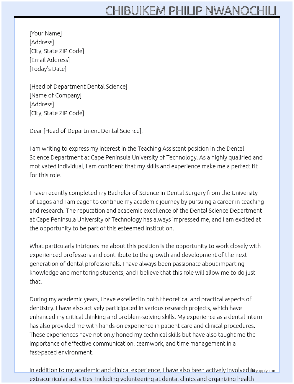 Teaching Assistant  At Cape Peninsula University of Technology  Cover Letter