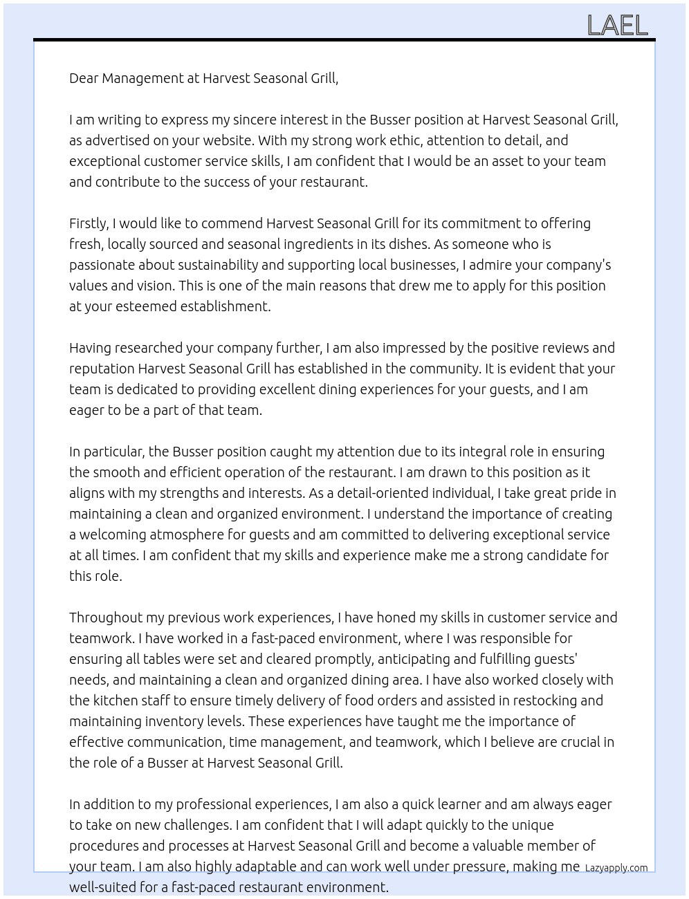 Busser At Harvest seasonal grill Cover Letter