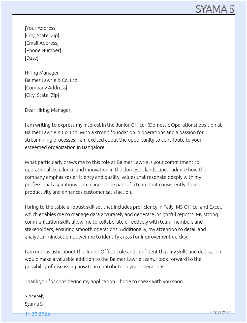Junior officer (Domestic operations ) At Balmer lawrie & co Ltd Cover Letter