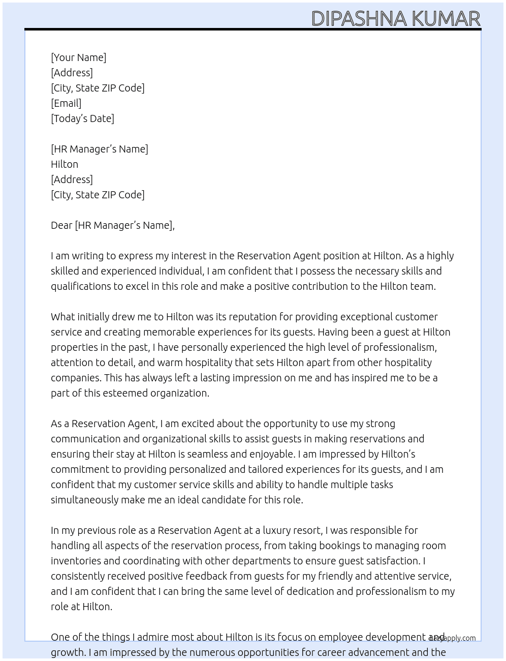 Reservation agent  At Hilton  Cover Letter