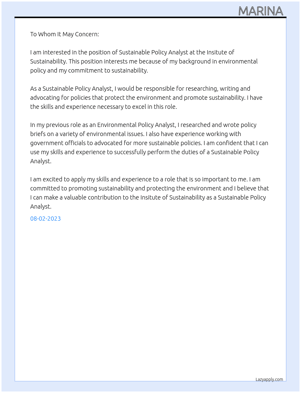 Sustanaible policy analyst At Insitute of Sustainability Cover Letter