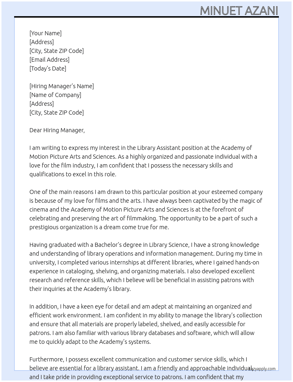 Library Assistant At Academy of Motion Picture Art and Sciences Cover Letter
