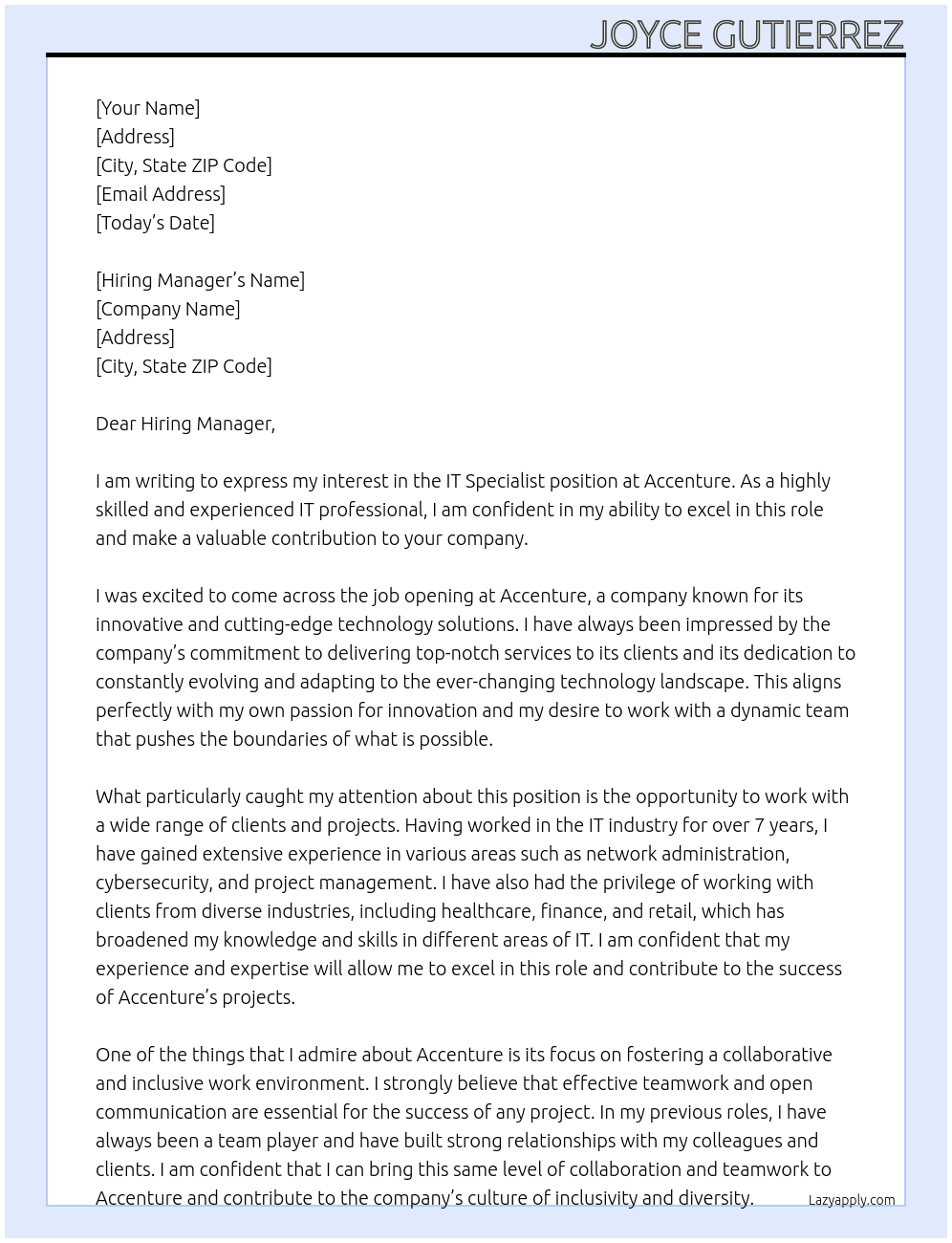 IT Specialist At Accenture Cover Letter