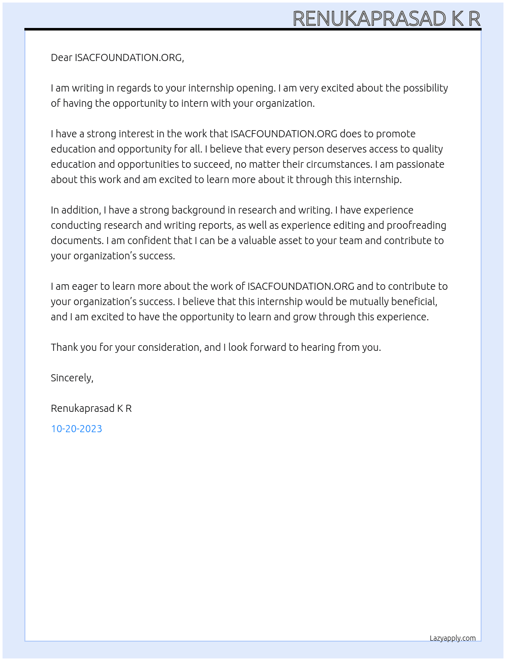 Internship  At ISACFOUNDATION.ORG Cover Letter