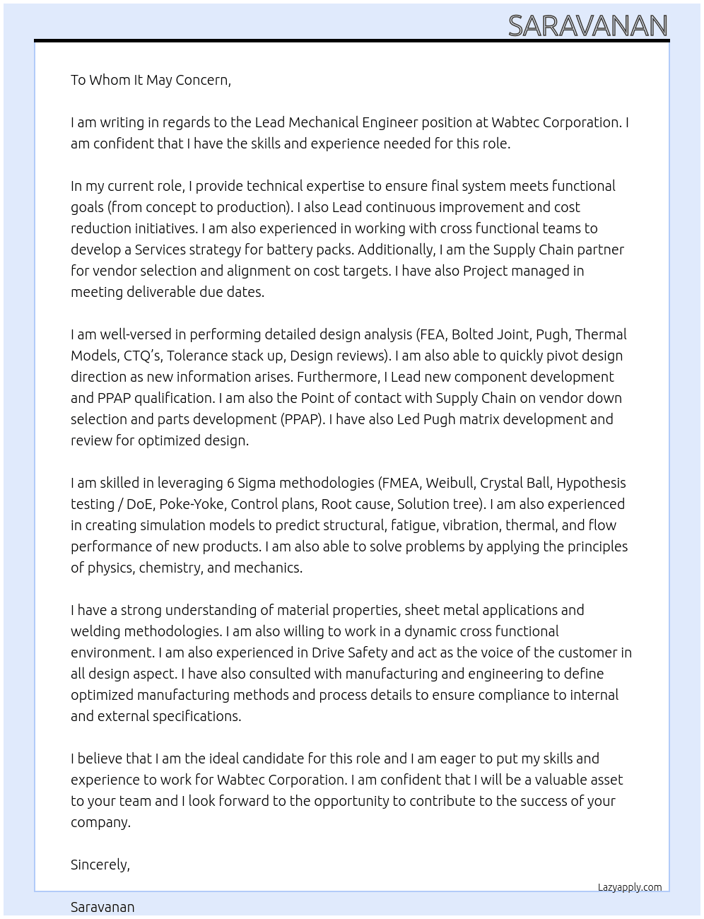 Lead Mechanical Engineer At Wabtec Corporation  Cover Letter