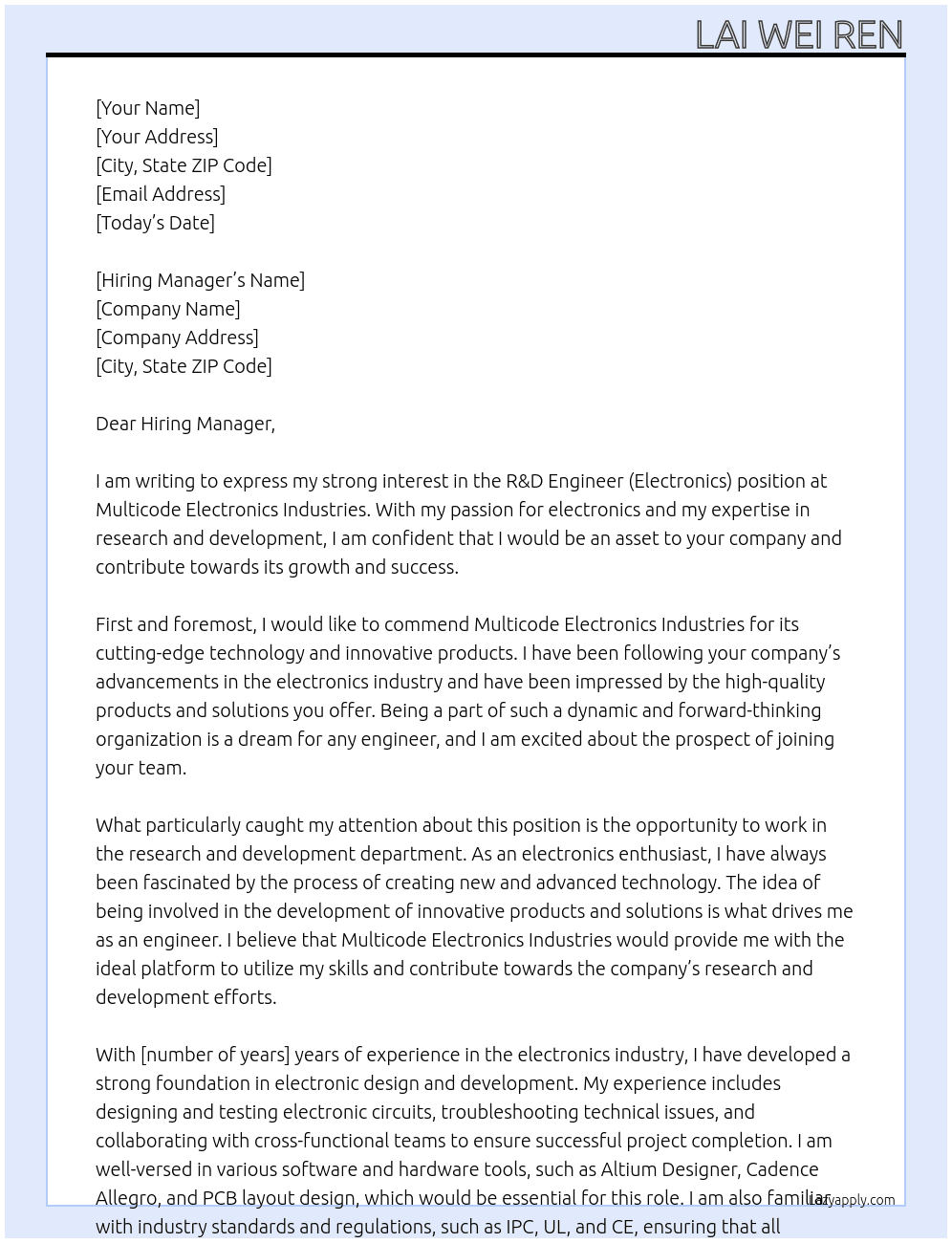 R&D Engineer (Electronics) At Multicode Electronics Industries Cover Letter