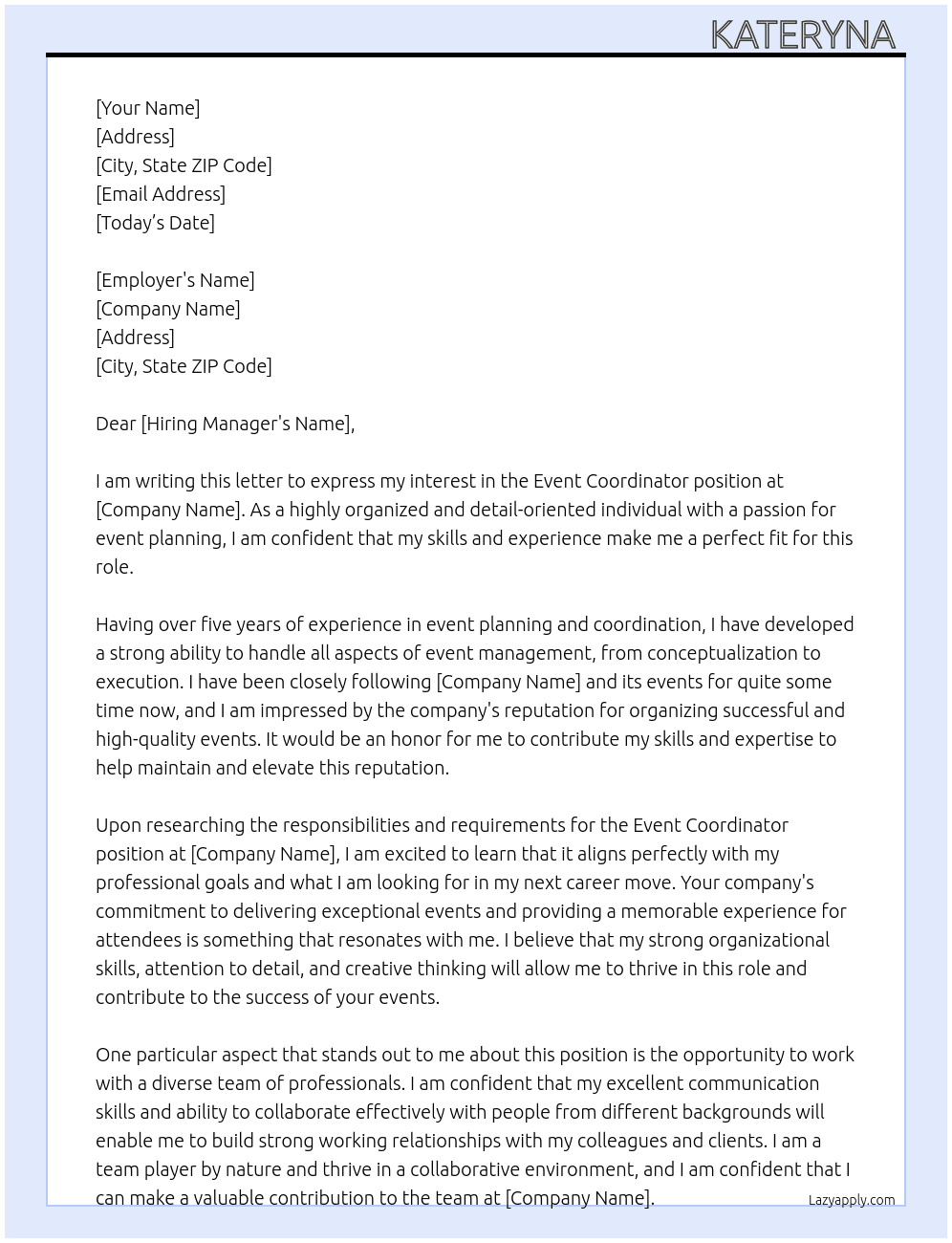 Cover letter for cv event coordinator - LazyApply