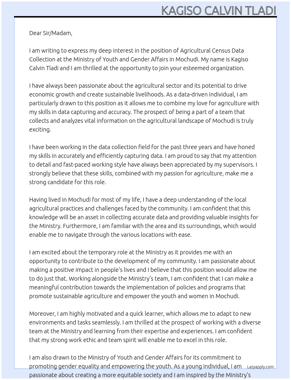 Cover letter for agricultural census data collection - LazyApply