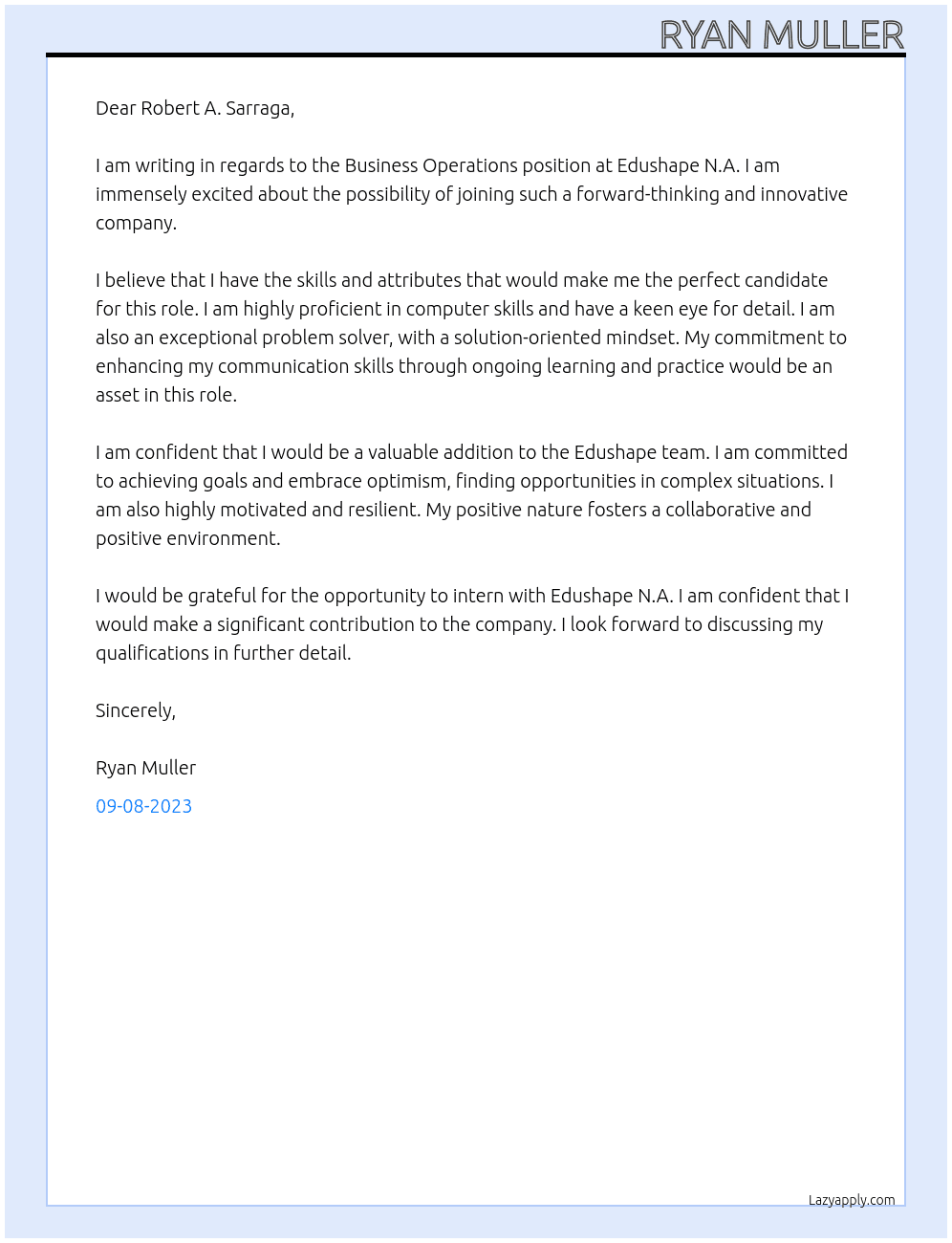 Business Operations At Edushape N.A. Cover Letter
