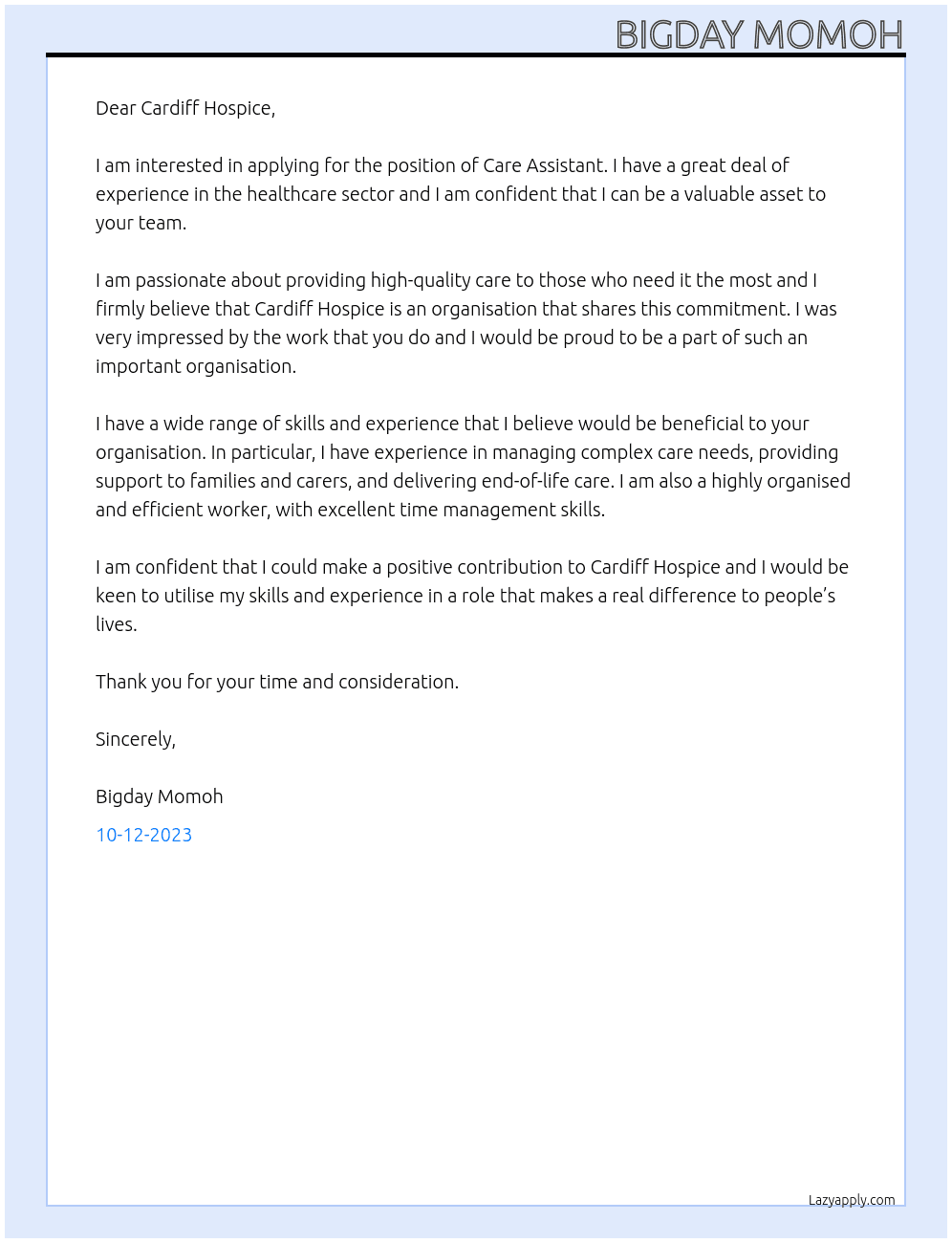 Care Assistant  At  Cardiff Hospice Cover Letter