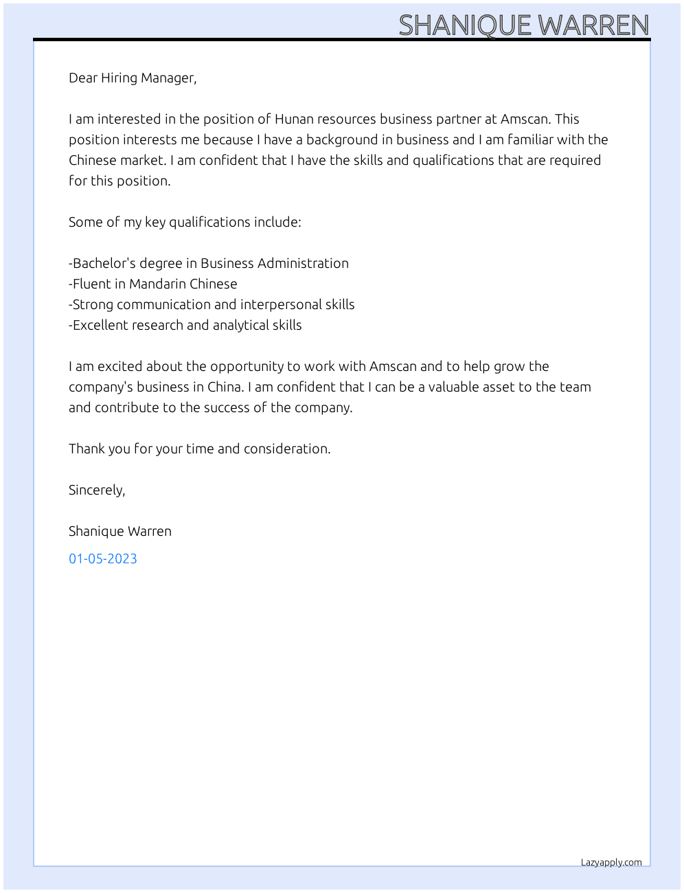 Hunan resources business partner  At Amscan  Cover Letter