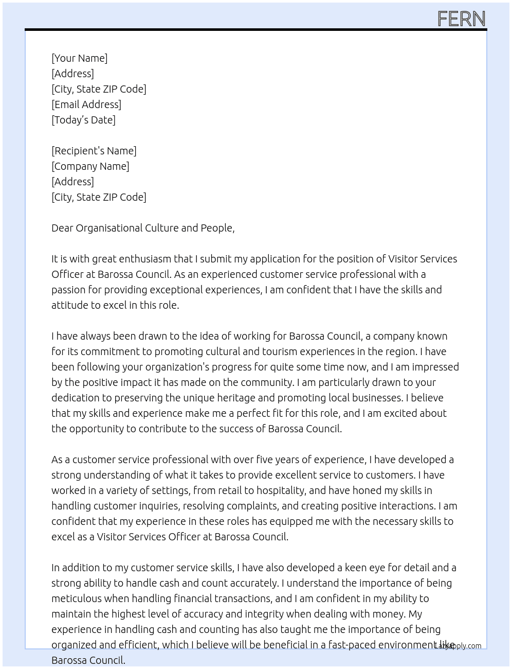 Visitor Services Officer  At Barossa Council Cover Letter