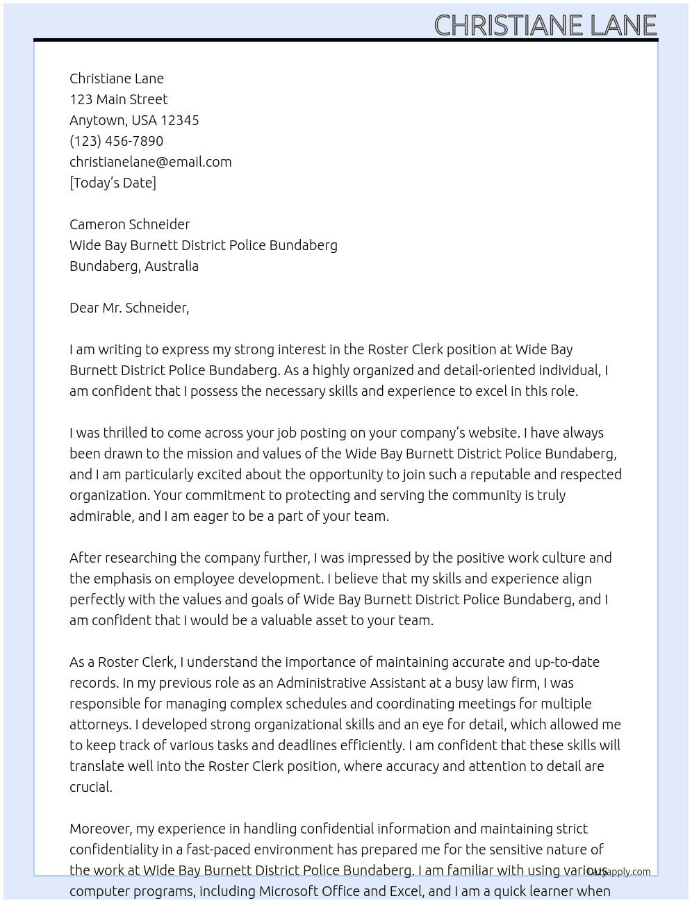 Roster Clerk At Wide Bay Burnett District Police Bundaberg  Cover Letter