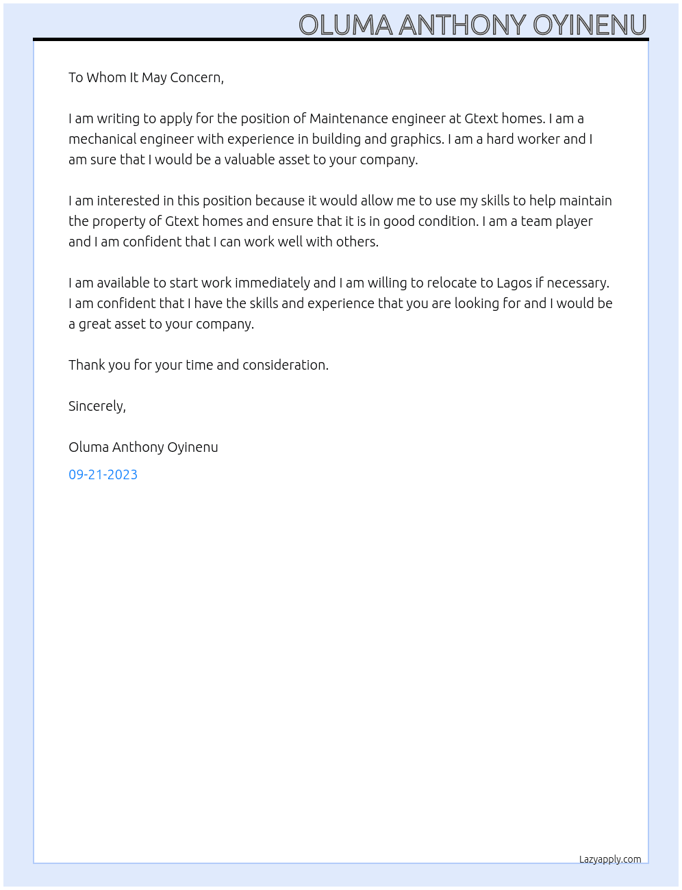 Maintenance engineer At Gtext homes Cover Letter