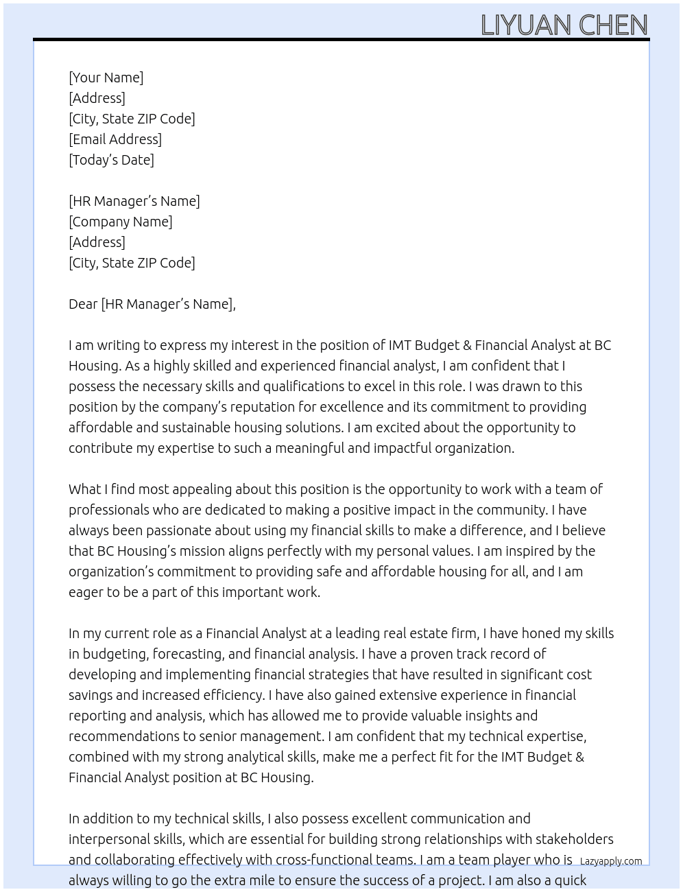 IMT Budget & Financial Analyst At BC Housing Cover Letter