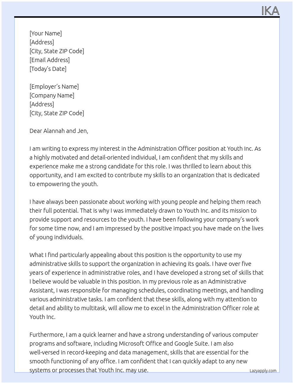 Administration officer At Youth Inc. Cover Letter