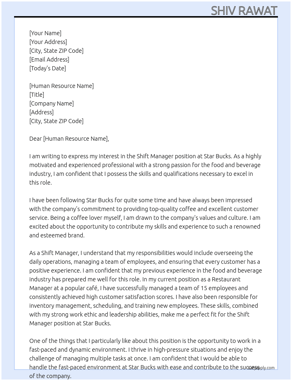 Shift Manager At STAR BUCKS Cover Letter
