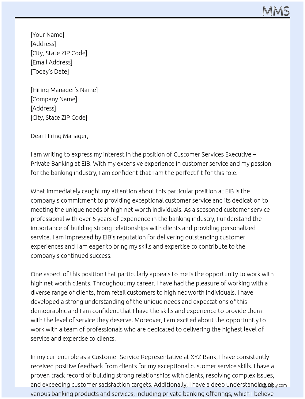 Customer Services Executive - Private Banking At EIB Cover Letter