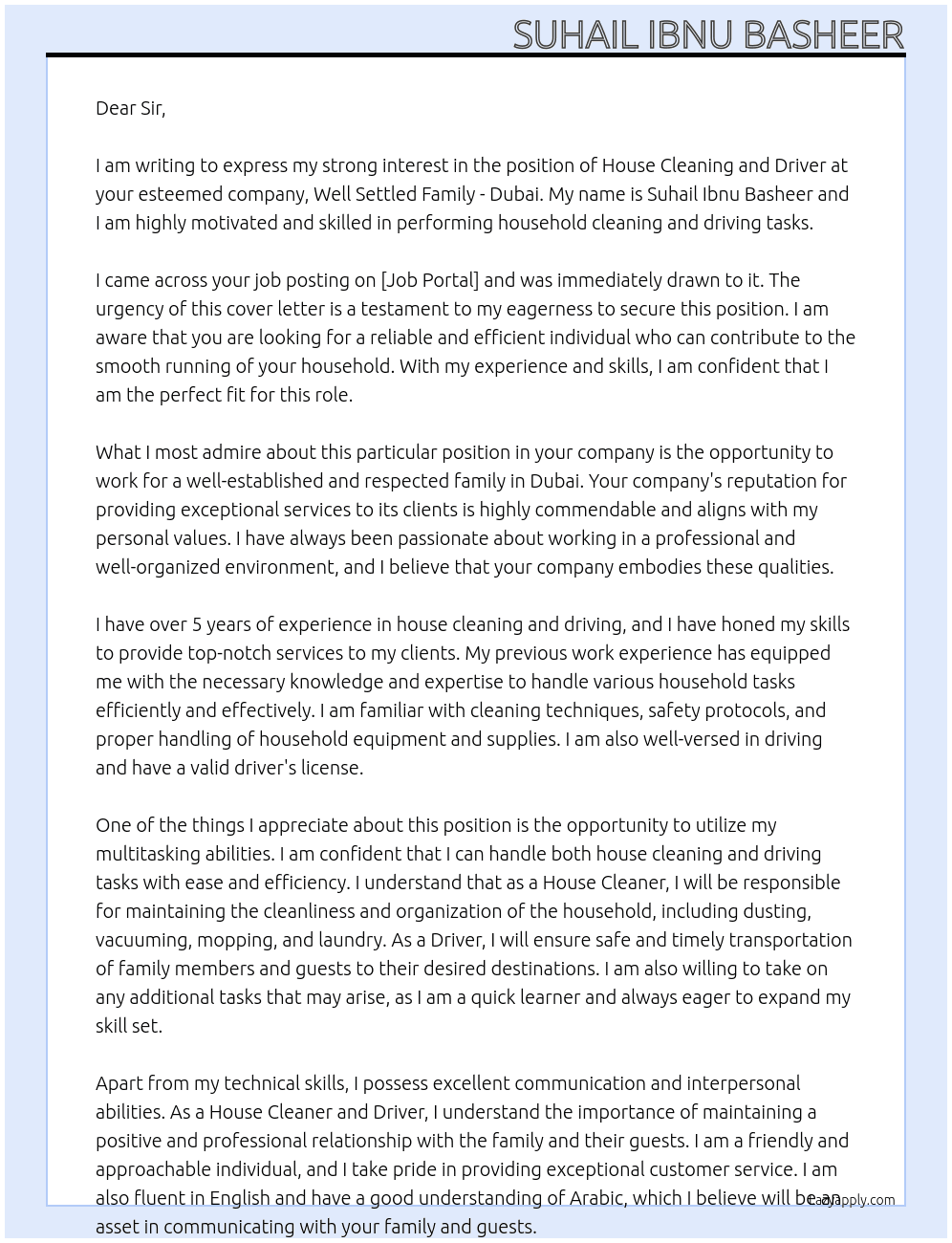 HOUSE CLEANING AND DRIVER At  Well settled family - Dubai Cover Letter
