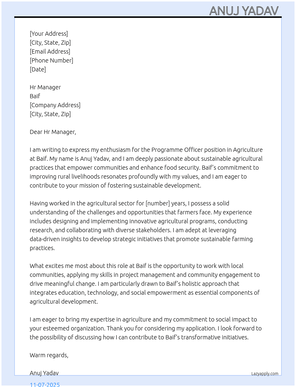 programme officer in agriculture  At Baif Cover Letter