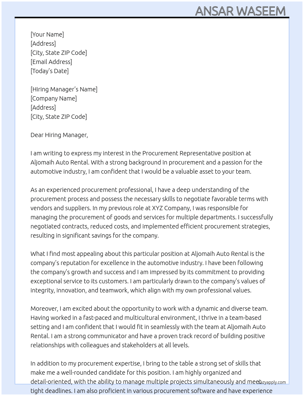 Procurement Representative  At Aljomaih Auto Rental  Cover Letter