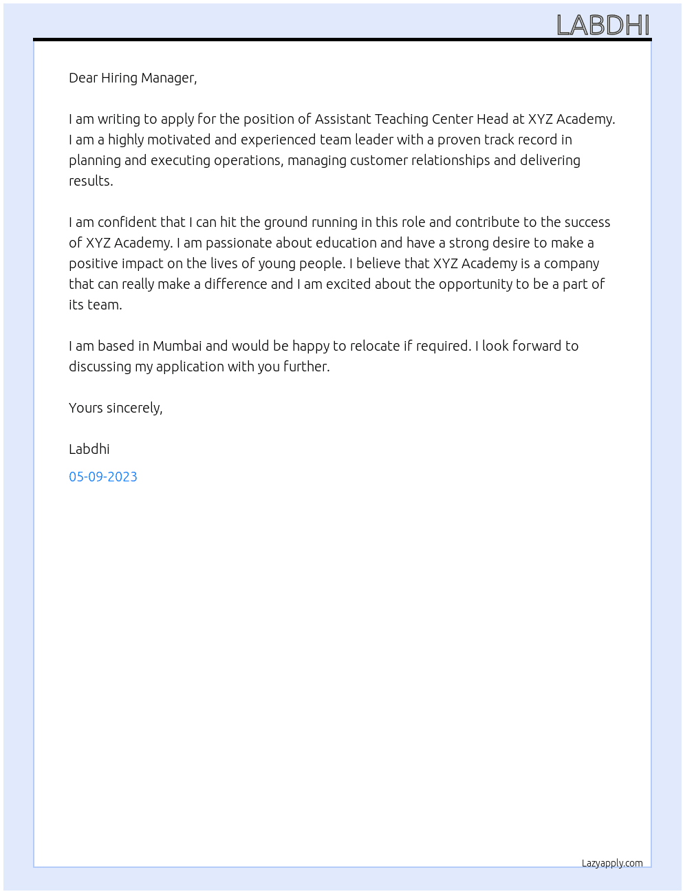 Assistant Teaching Center Head At XYZ ACADEMY Cover Letter