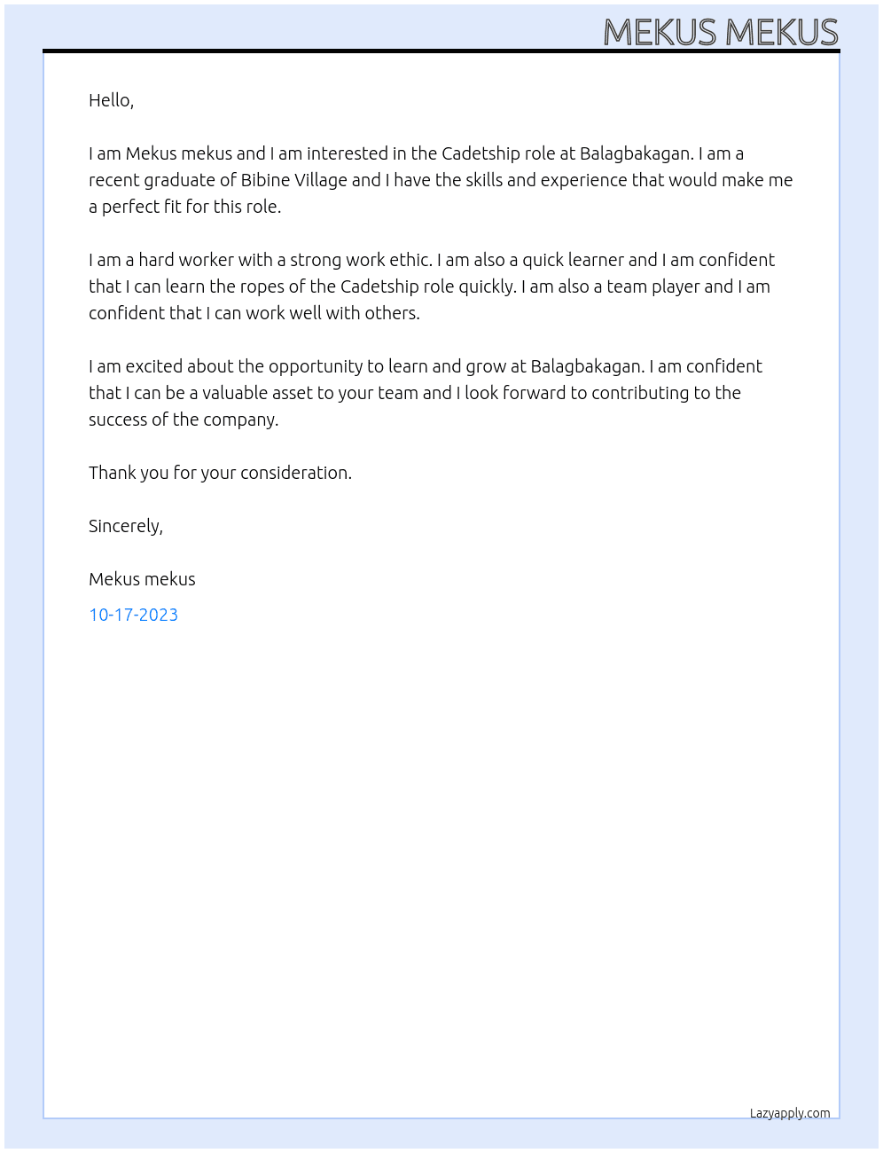 Cadetship  At Balagbakagan Cover Letter