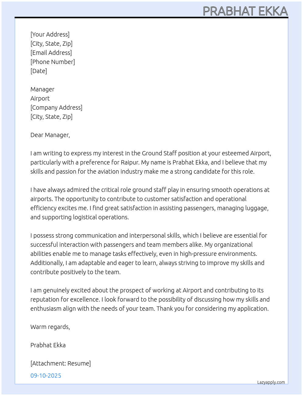 ground staff  At Airport Cover Letter