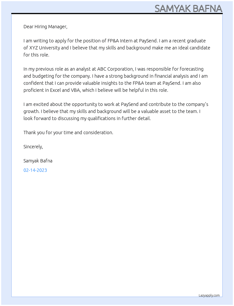 FP&A Intern At PaySend Cover Letter