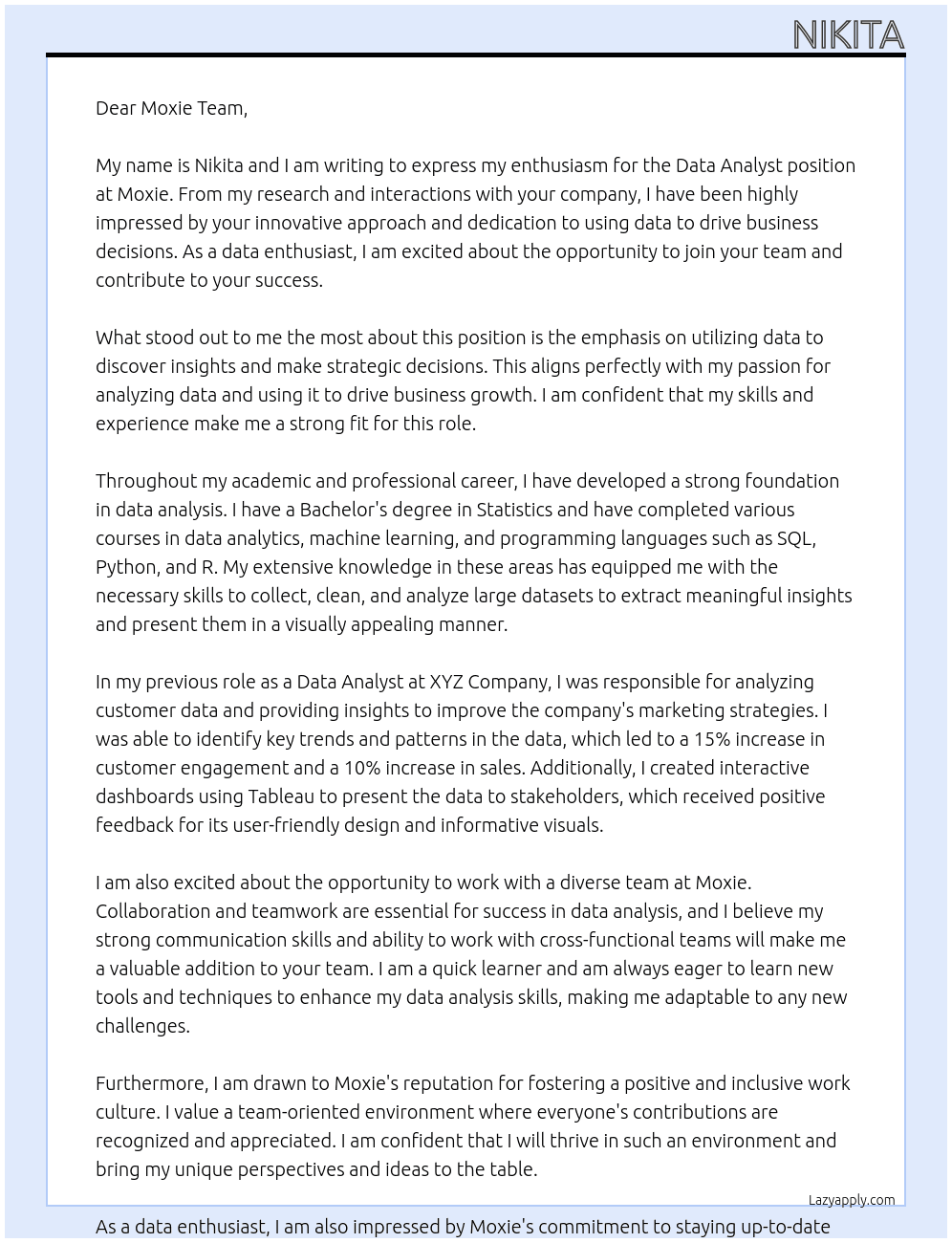 Data Analyst At Moxie Cover Letter