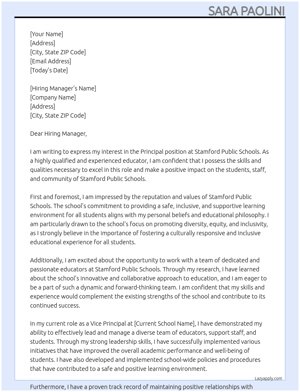 Principal At stamford public schools Cover Letter