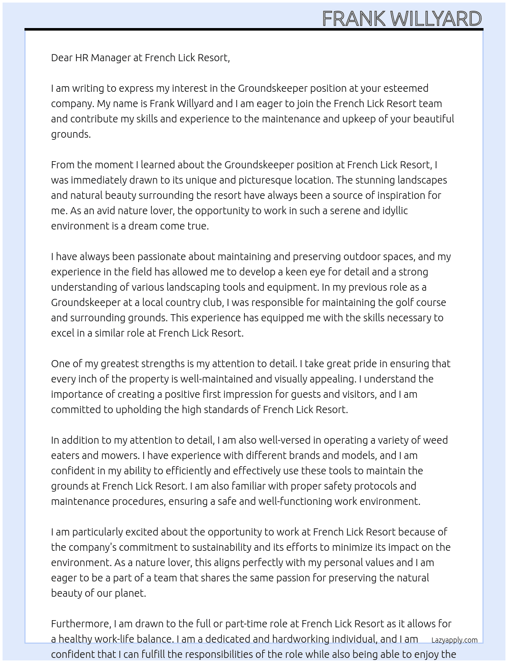 Groundskeeper  At French Lick Resort Cover Letter