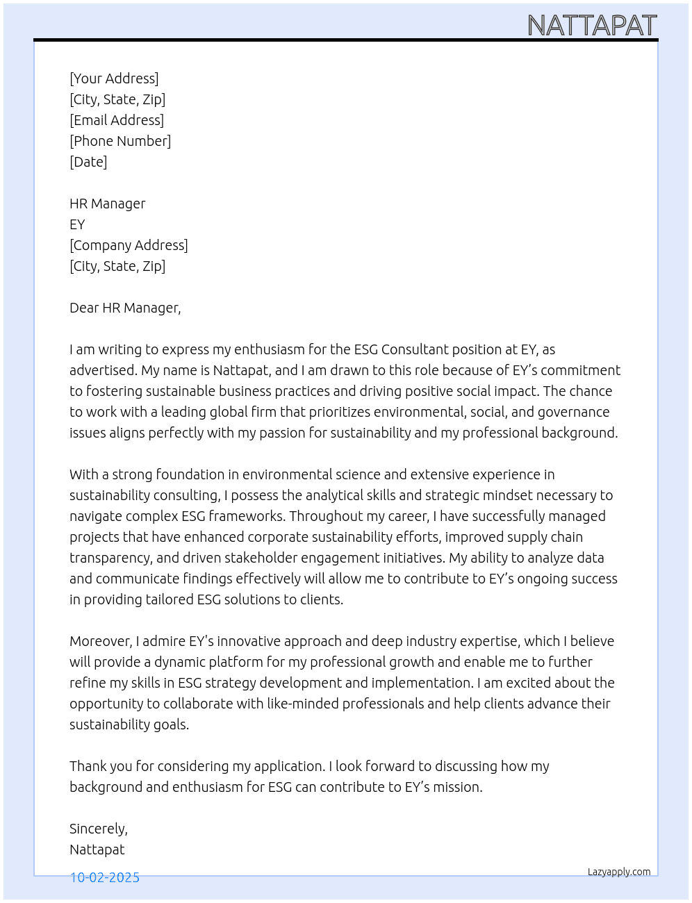 Cover letter for esg consultant - LazyApply